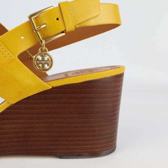 NEW Tory Burch Mini Benton Wedged Sandal, Gold Finch, US 8.5  NEW Tory Burch Mini Benton Wedged Suede Sandals, Gold Finch, US 8